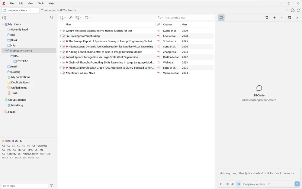 Zotero — Library & BibGenie Side Panel
