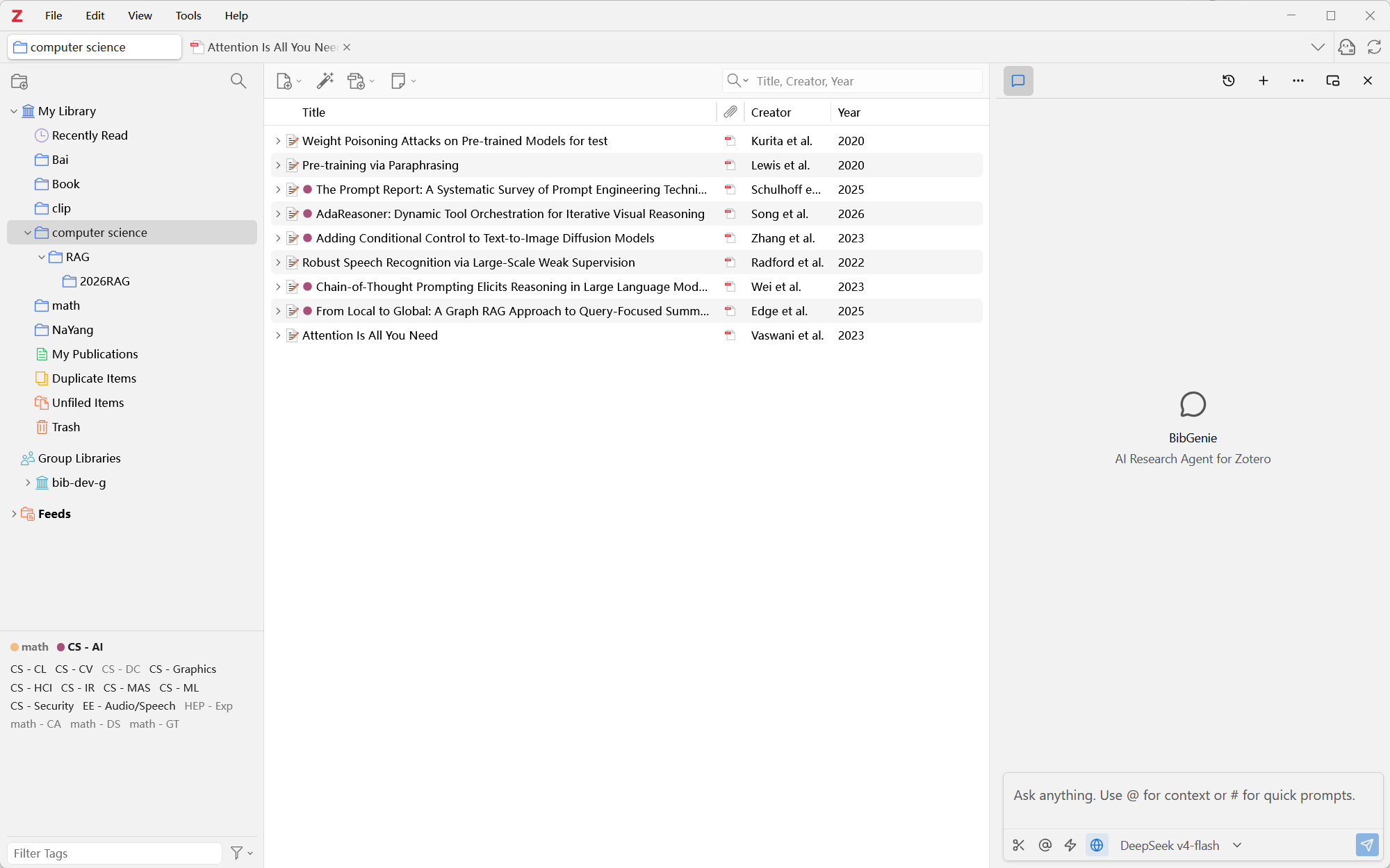BibGenie AI research agent for Zotero showing a research workflow in the chat interface