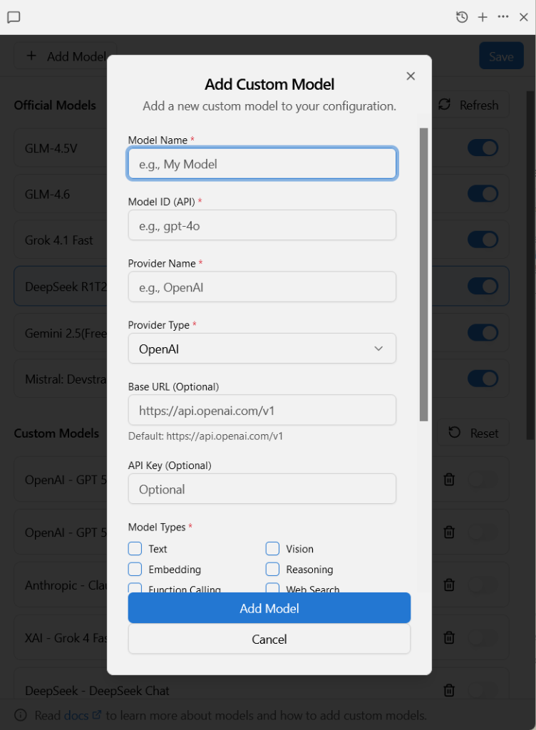 Add Custom Model Dialog: Configuring Model Name, API Key, Base URL, and Model Capabilities