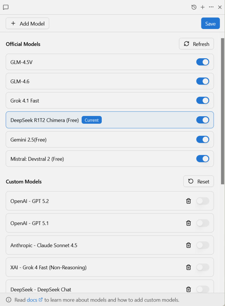BibGenie Model Settings Interface: Showing official model toggles and custom model management entry